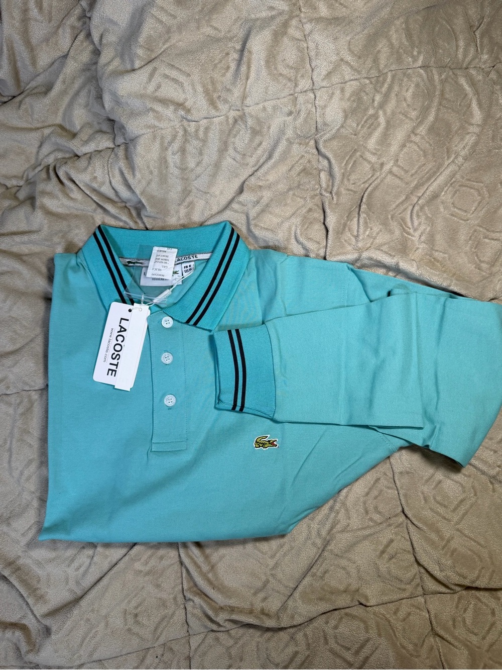 Lacoste Aqua/Turquoise Long Sleeve Polo with Contrast Stripe Collar